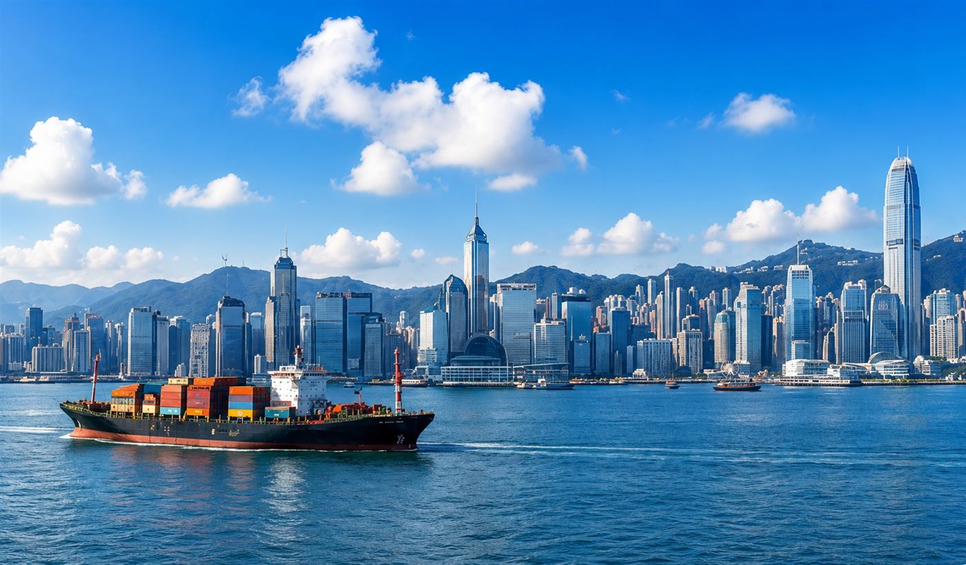 Hong Kong harbour skyline with a cargo ship